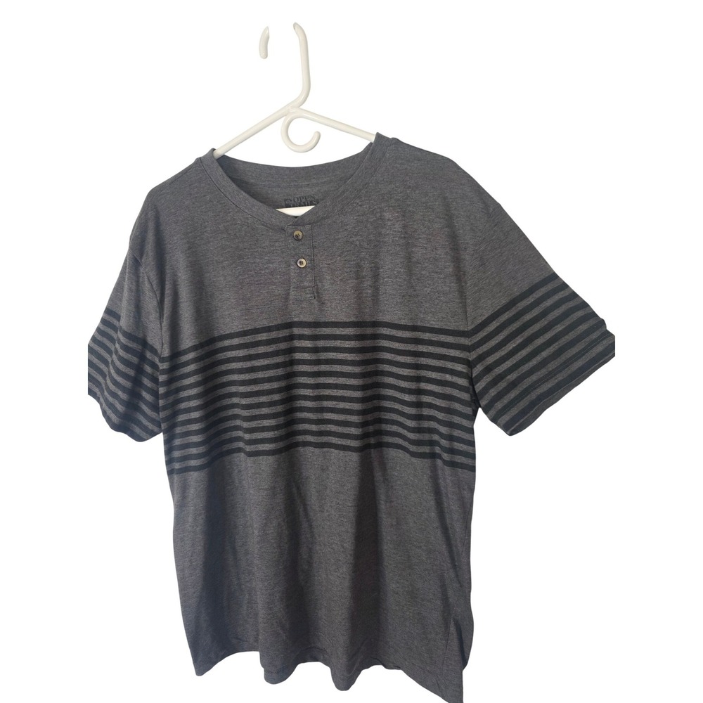 Open Trails Mens XL Henley Shirt Charcoal Gray Black Striped Short Sleeve Cotton